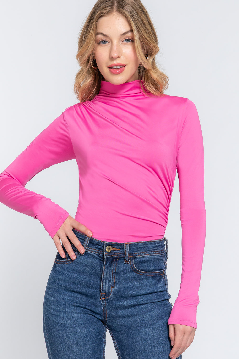 Long Sleeve High Neck Shirring Detail Ity Knit Bodysuit