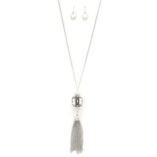 Cube Rhinestone Chain Tassel Necklace