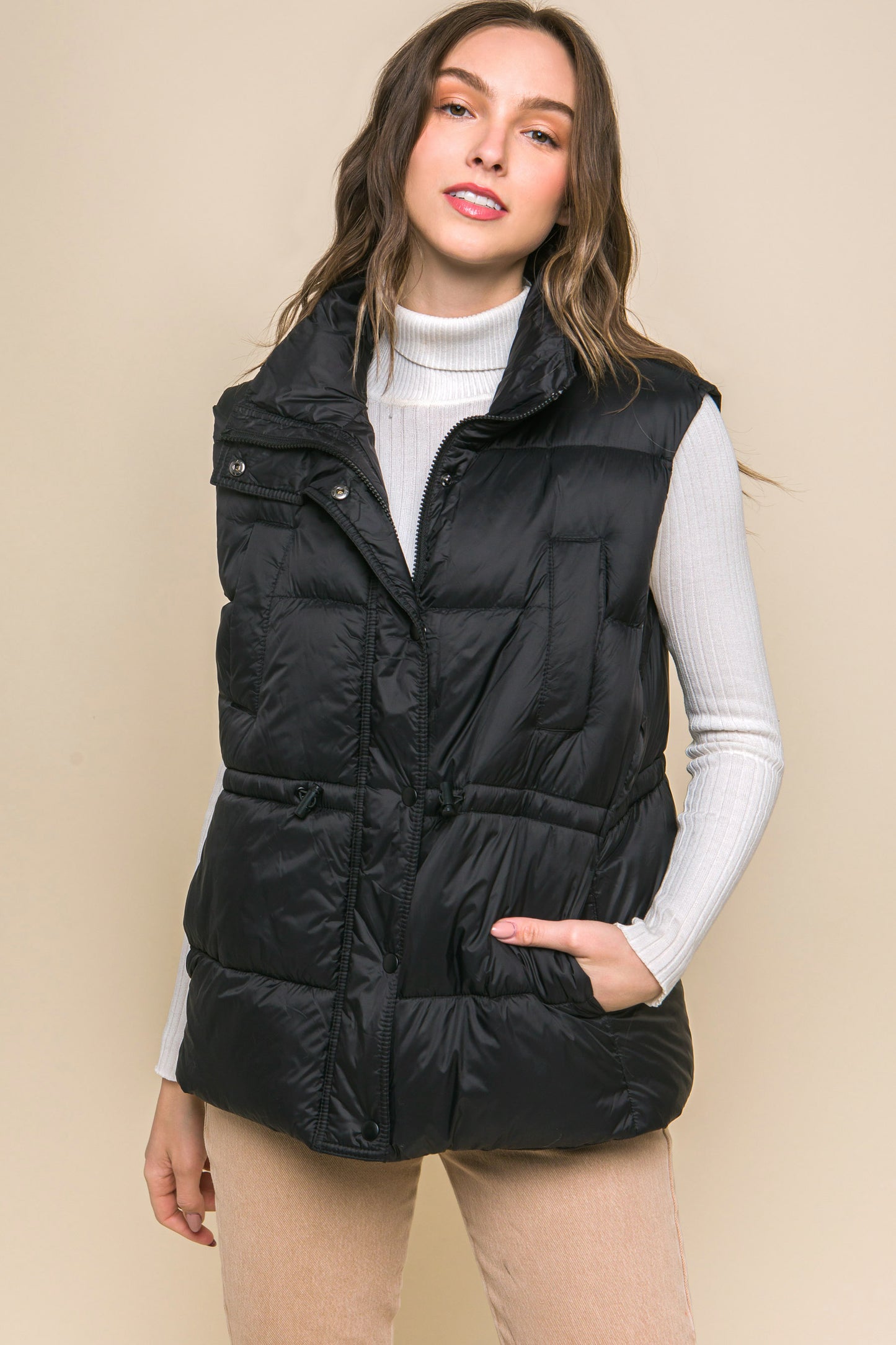 Zip Up Button Puffer Vest With Waist Toggles