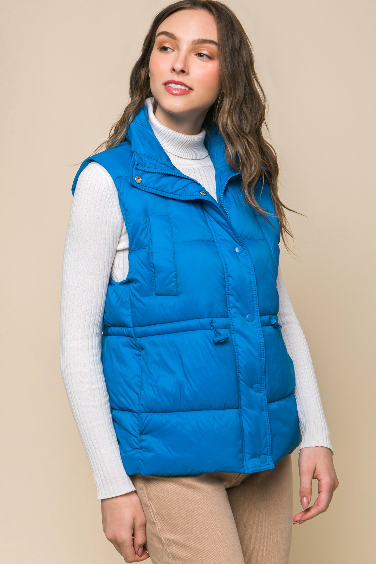 Zip Up Button Puffer Vest With Waist Toggles