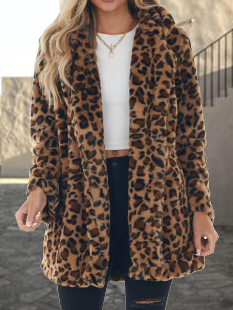 Leopard Collared Neck Coat with Pockets