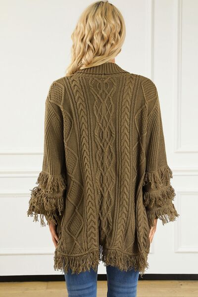 Cable-Knit Fringe Pocketed Cardigan